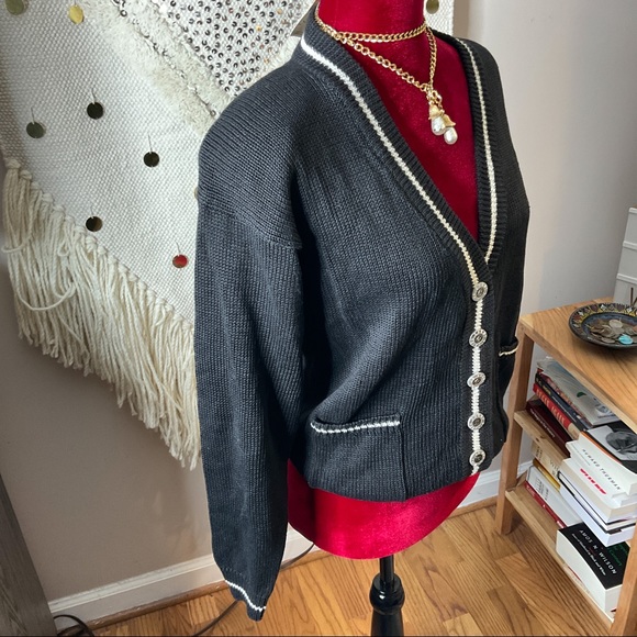 Vintage 80s Betty Blue Button Down Cardigan Black White Sweater Size S Hong Kong - Picture 4 of 10